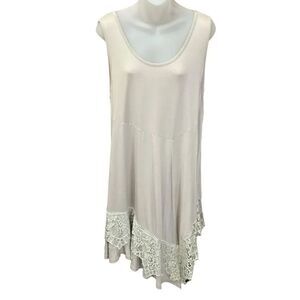 Mollorello Dress Round Neck Asymmetrical Hem Taupe Cream Lace Fringe Medium